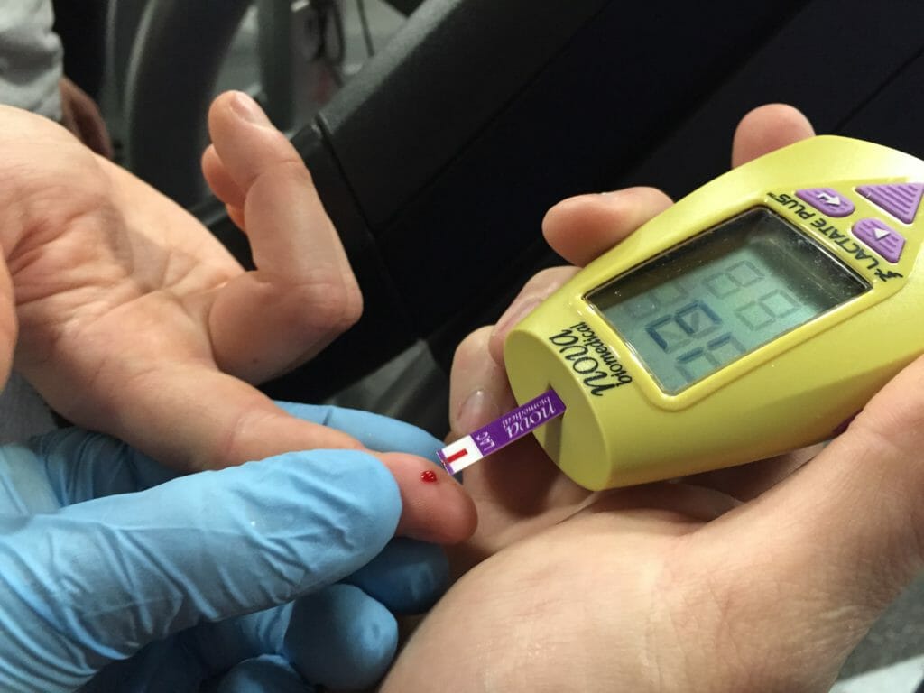 Blood lactate testing being done in the lab. Uphill Athlete, Steve House