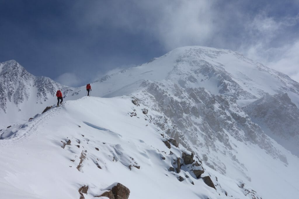 Two mountaineers ascend the West Buttress route on Denali at approximately 16,600’. Credit: Steve House
