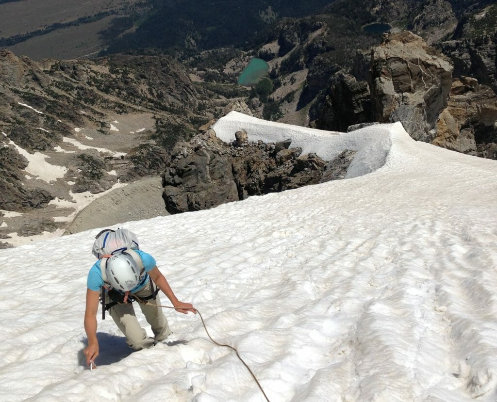 Eva climbing the final section of the complete East Ridge of the Grand Teton. Credit: Steve House