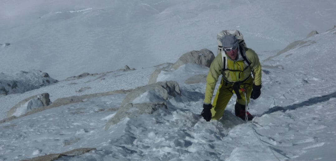 Vince Anderson climbing on the normal route (NW Ridge) of Makalu, the world’s fifth highest peak, at approximately 23,000 feet. Credit: Steve House