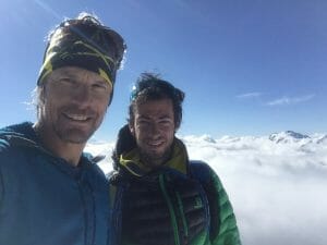 Steve House and Kilian Jornet on the summit of Taschhorn, Switzerland