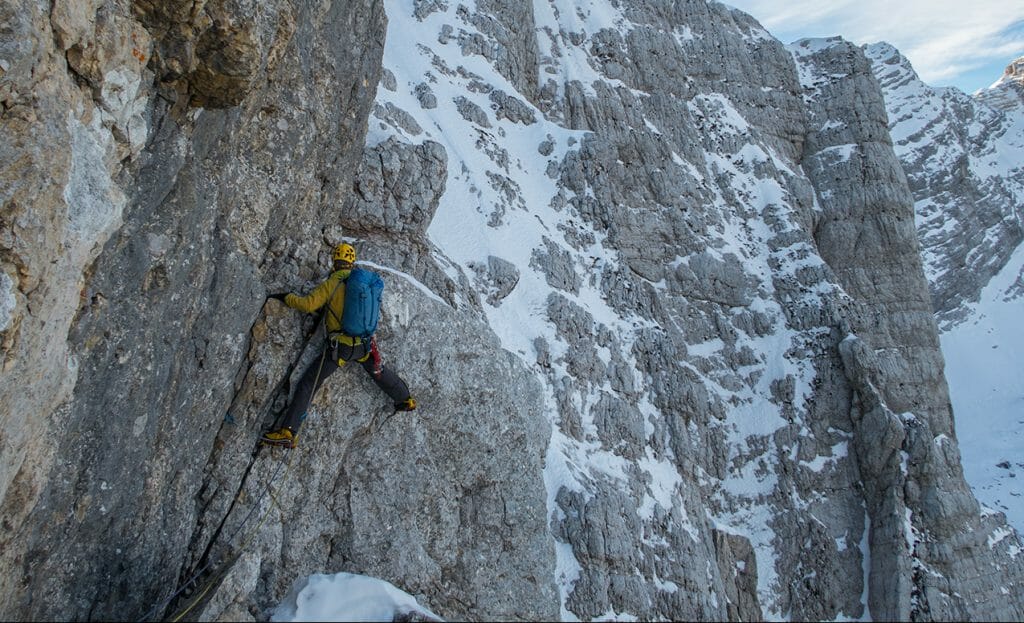 Steve House climbing in the Julian Alps, January 2017. Photo by Aleš ?esen.