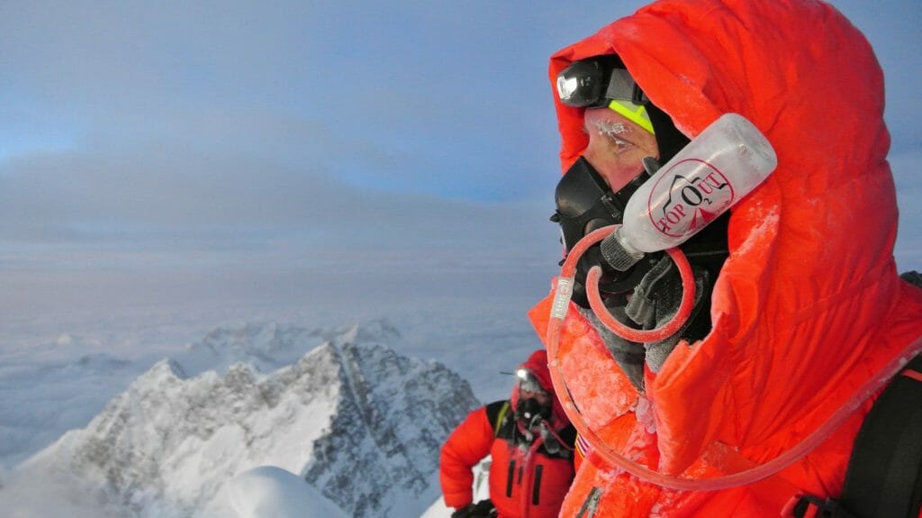 Summit Ridge of Everest with a 2016-model OnTop Oxygen Mask. Bill Allen Photo