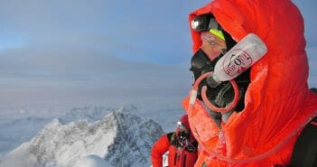 Training, Oxygen Systems, and Hypoxic Tents Summit Ridge of Everest with a 2016-model OnTop Oxygen Mask. Bill Allen Photo