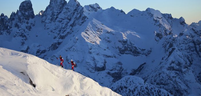 Ski racers training in the Italian Dolomites