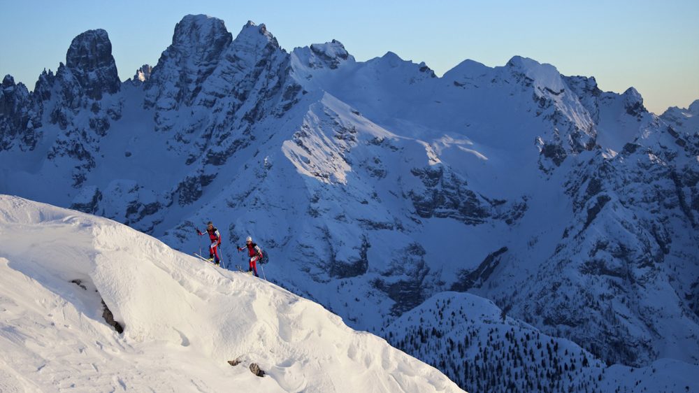 Ski racers training in the Italian Dolomites