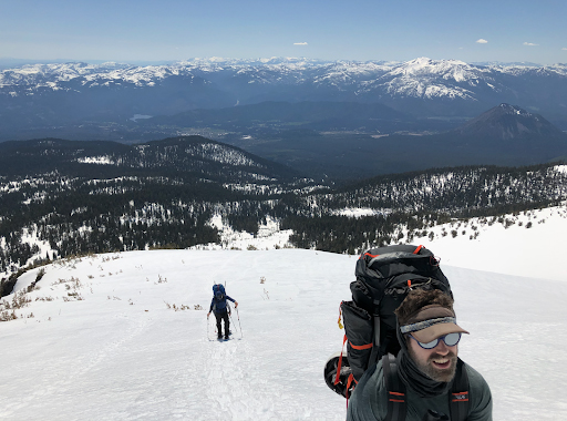 Kevin on Day 1 of the Mount Shasta Casaval Ridge climb in 2019, hiking to camp.