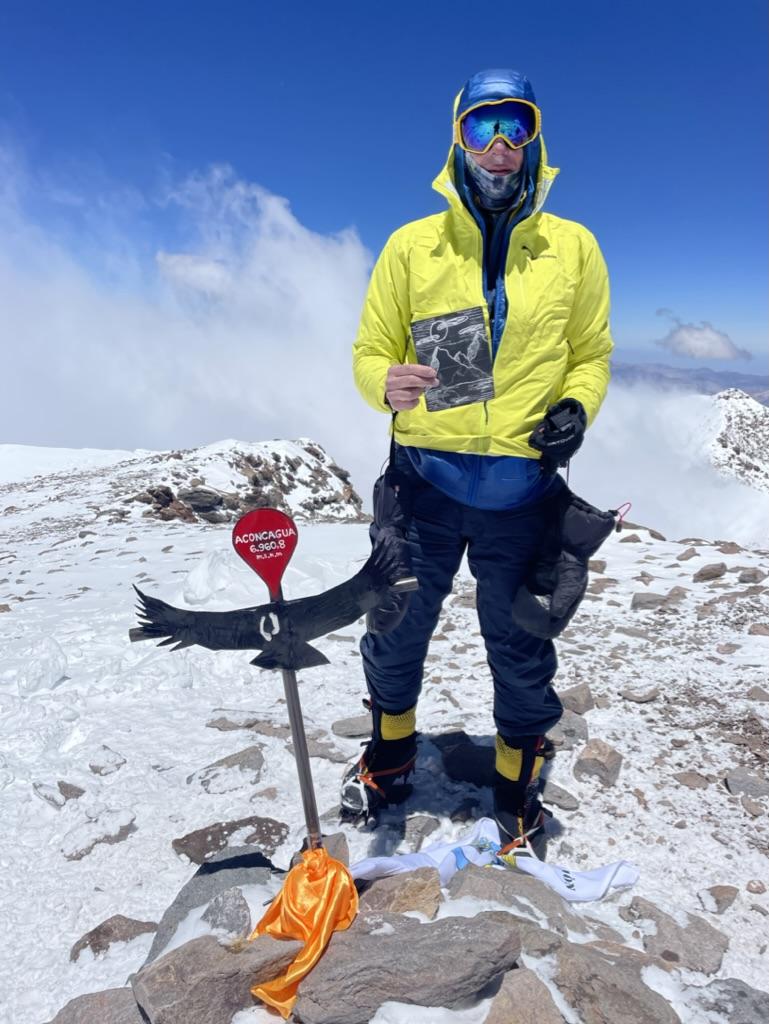 The summit of Mt. Aconcagua, with the drawing I got from my daughter.