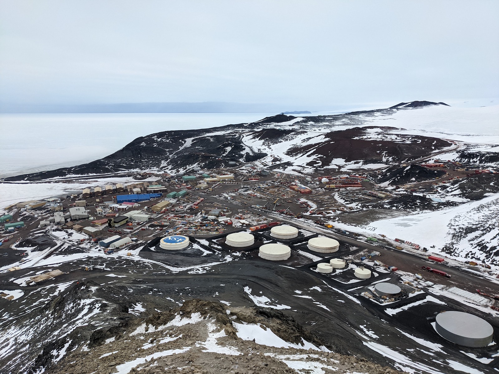 McMurdo Station, as seen from the top of Observation Hill, 750 feet above town. This is the hill I repeated 39 times consecutively to complete the Everest Challenge in 15 hours and 30 minutes.