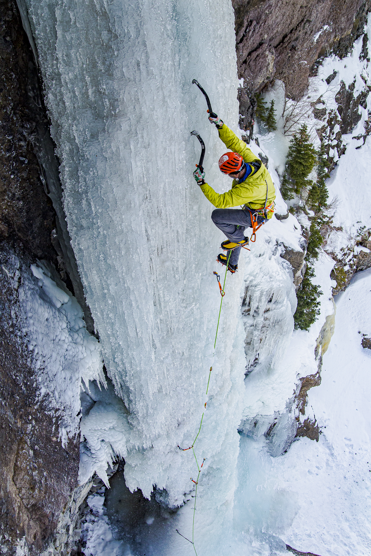 Conrad Anker climbing the "Scepter" in Hyalite Canyon Montana.