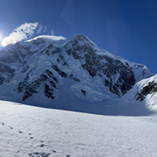 A panoramic view of Mount Hunter from Kahiltna basecamp.