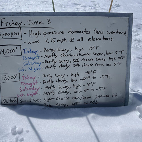 The weather-forecast whiteboard, posted at Kahiltna basecamp via the Denali National Park and Preserve ranger station. It shows “High pressure dominant through the weekend,” which is when the pair summited. Ishidera also received daily weather updates from his wife via InReach.