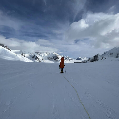 Mori-San on the way back to Camp 1 from caching at Camp 2 at 9,700 feet. The two climbers planned out their trip by watching videos that Mark Postle and Steve House had posted on YouTube: “Denali clothing and gear tutorials, how to climb Denali strategy and advice,” says Ishidera. “I watched them many times, and it was really, really, really helpful.”