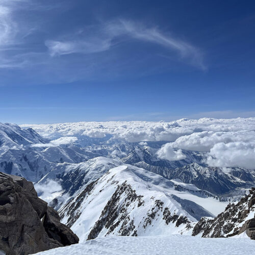 A view from the top of the West Buttress, just below high camp at 17,200 feet. “We were planning to make it to high camp and cache, but we were so tired that we couldn’t even make it. We found the hole from the previous party, and we used that,” says Ishidera. “When we finished, we could see the ridgeline clearly so we took two pictures.”
