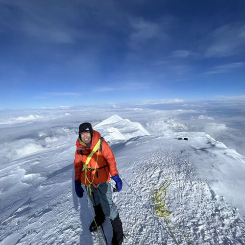 Hikari Mori on the summit of Denali (20,310 feet). The pair summited around 7:50 p.m. under brilliant, ever-lit Alaskan summer skies.