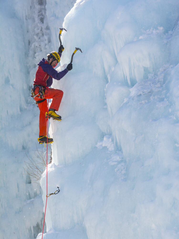 Steve House climbing the left edge of Pick of the Vic in the Ouray Ice Park, Ouray, Colorado.